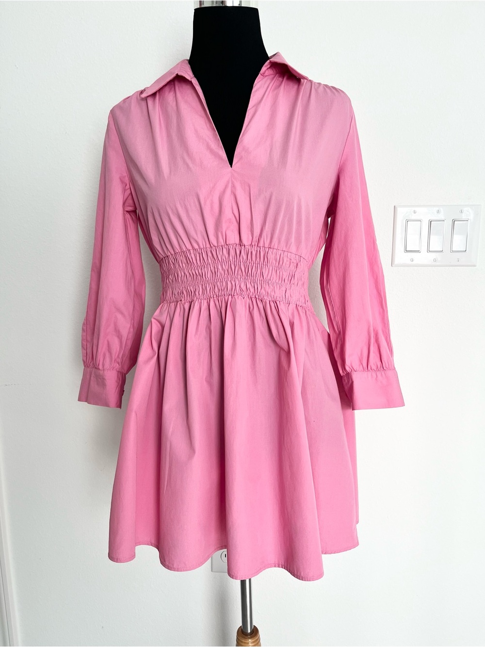 Zara Pink Cotton Poplin Smocked Waist Mini Dress 3/4 Sleeve Size S